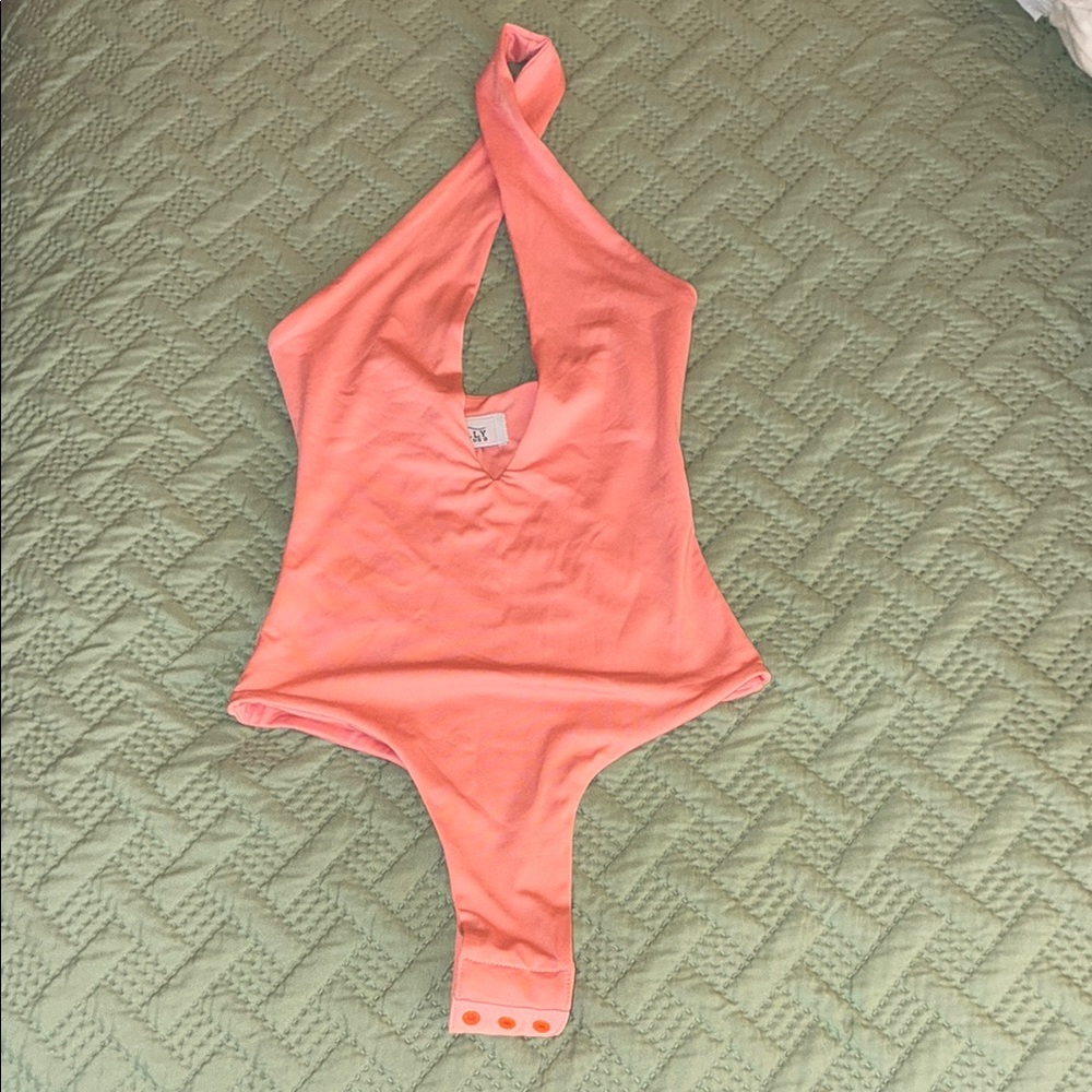 Oh Polly Salmon Cross Halter Bodysuit